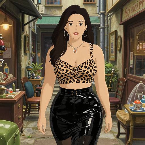 Digital art of a curvy woman with long black hair, wearing a leopard print top and shiny black skirt, walking down a quaint, cobblestone