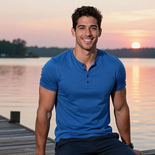 Photograph of a muscular, smiling man with short dark hair, wearing a blue henley shirt, sitting on a wooden dock at sunset by a calm