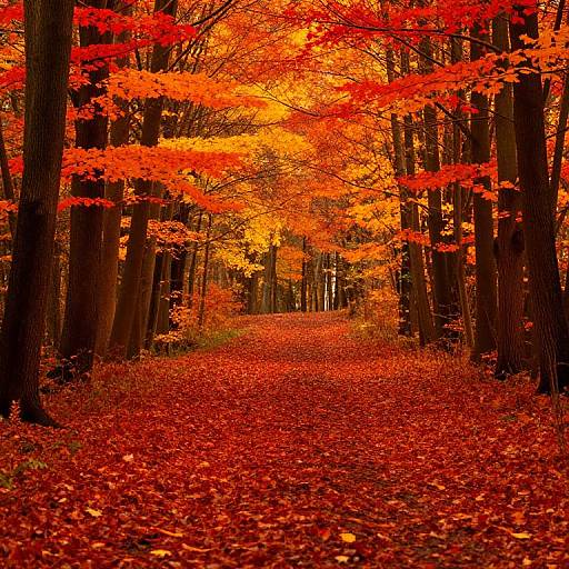 Photograph of a forest path lined with tall trees, their leaves in vibrant red and orange autumn hues, covering the ground in a dense carpet of fallen