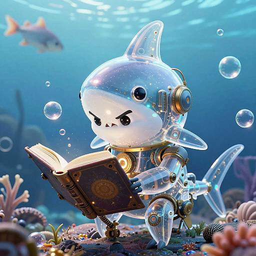 Cute, robotic fish with glowing eyes reads an ancient book underwater, surrounded by bubbles and coral, with a shark in the background. Digital illustration.