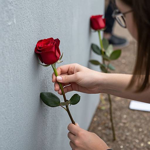 Photograph of a hand holding a red rose against a textured white wall, with another rose in the blurred background.