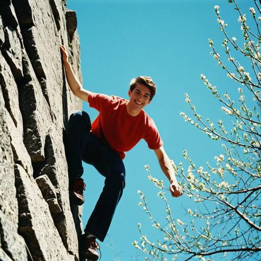 Young Man Climbing Rock on Sunny Spring Day
