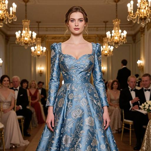 Photograph of a fair-skinned woman with brown hair in an elaborate blue floral gown, walking a fashion show on an opulent stage with chandel