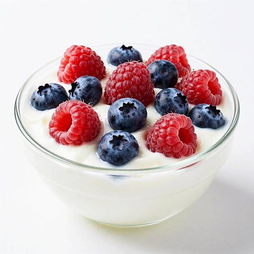 Photograph of a clear glass bowl filled with white yogurt, topped with red raspberries and blueberries, against a white background.