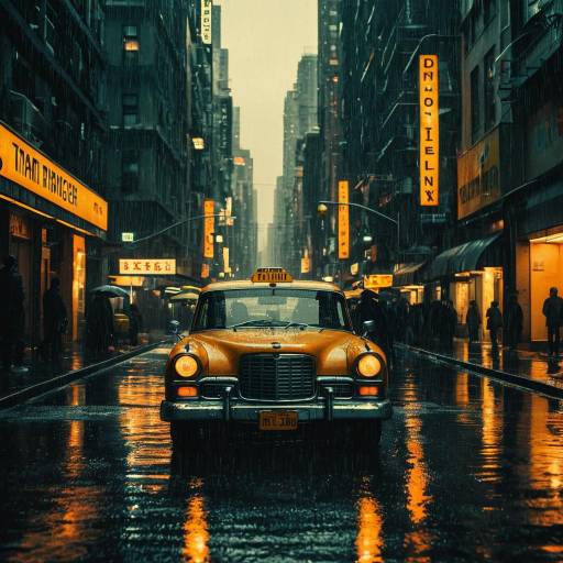 Rainy City Street with Yellow Taxi Rainy City Street with Yellow Taxi