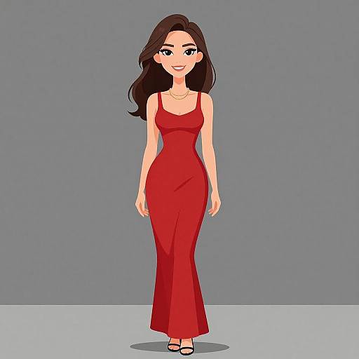 Digital illustration of a smiling woman with long brown hair, wearing a form-fitting, red, sleeveless evening gown and black sandals, standing against a