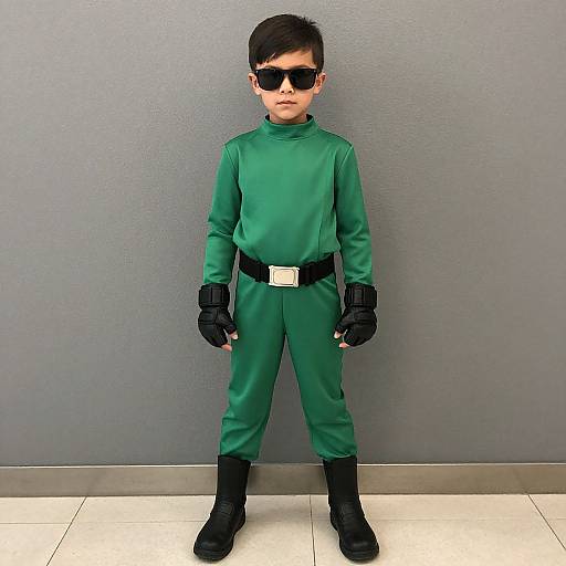 Photograph of a young boy with short black hair, wearing a green superhero costume, black gloves, boots, belt, and sunglasses, standing against a