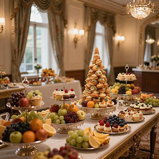 Opulent Banquet Buffet with Fruit and Pastry Centerpiece