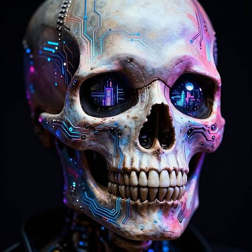 Digital artwork of a cybernetic skull with neon circuit patterns on its surface, glowing blue and pink, set against a black background. Eyes reflect a