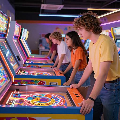 Photograph of four young people playing colorful arcade games with neon lights, wearing casual clothes, standing in a row.
