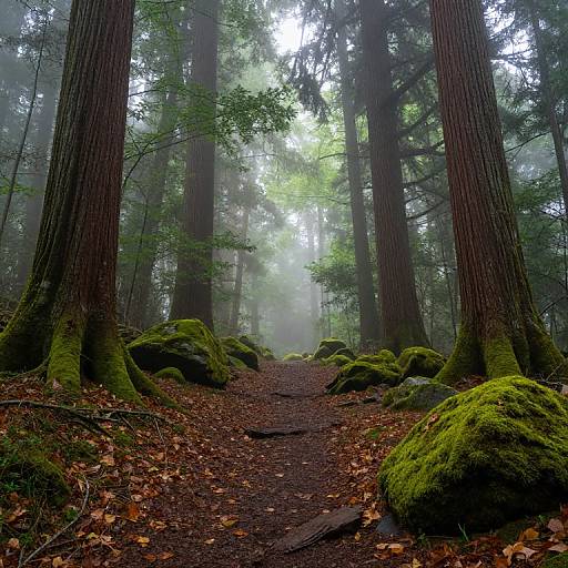 Photograph of a misty forest path lined with towering redwood trees, moss-covered rocks, and fallen leaves, with soft, diffused light filtering