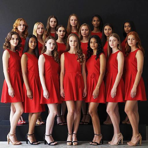 Photograph of 13 young women in red sleeveless dresses and black or beige high heels, standing against a dark background.