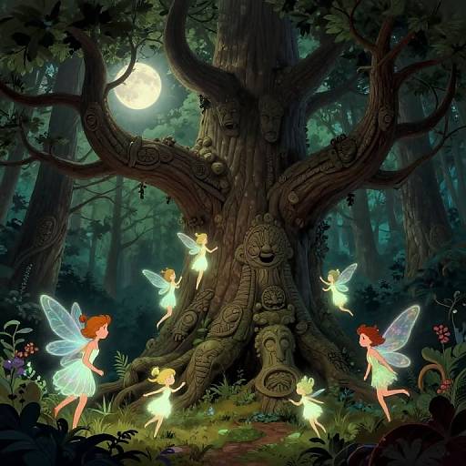 Digital fantasy illustration of glowing fairy-like creatures with translucent wings, red and orange hair, dancing around a moonlit, ancient, carved tree in a dark