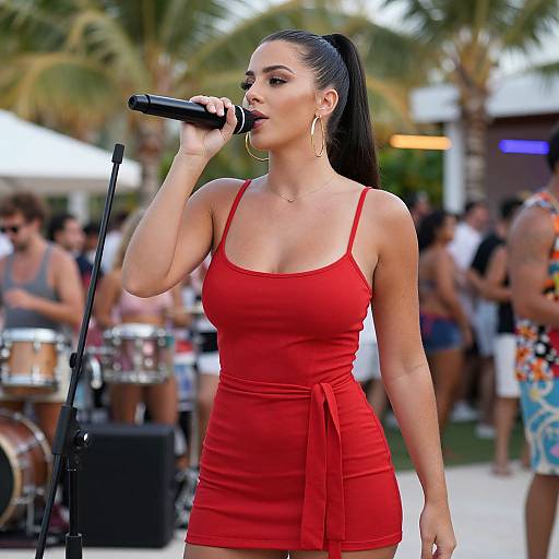 Photograph of a curvy, Latina woman with long black hair in a red, form-fitting dress, singing into a microphone outdoors, with a