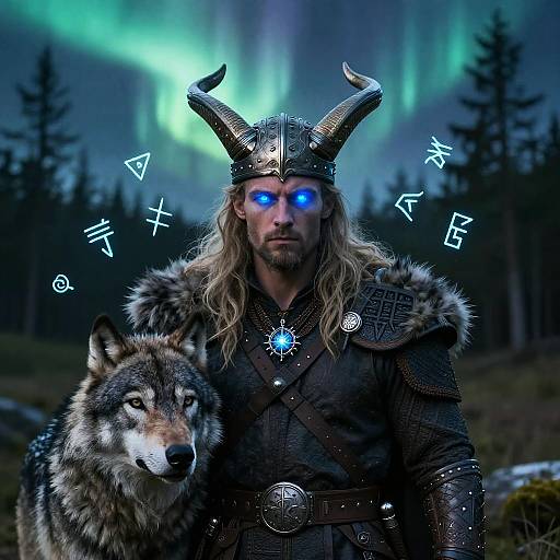 Photorealistic digital art of a Viking warrior with blue glowing eyes, horned helmet, fur-trimmed armor, and a wolf by his side