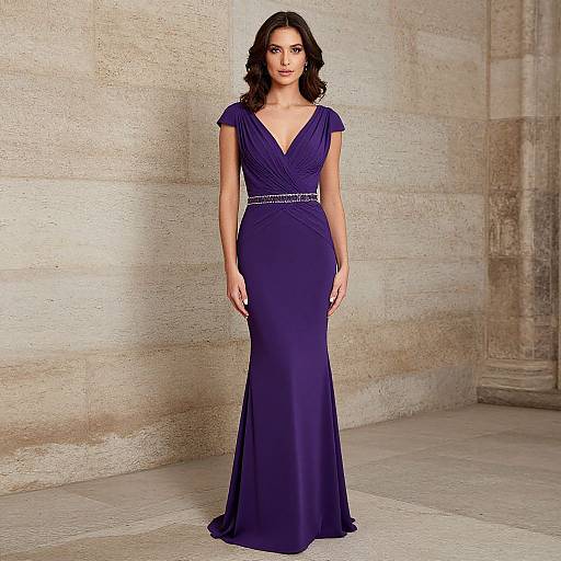 Photograph of a woman with dark wavy hair, wearing a deep purple, V-neck evening gown with a sparkling waistband, standing against a textured