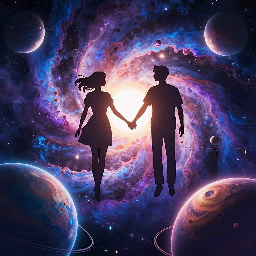Two Silhouettes Holding Hands in Space