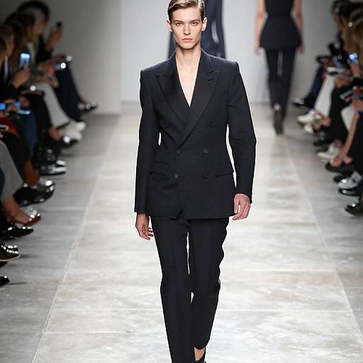 Male model in black double-breasted suit, white shirt, and black pants walks down a bright, minimalist runway with seated audience.