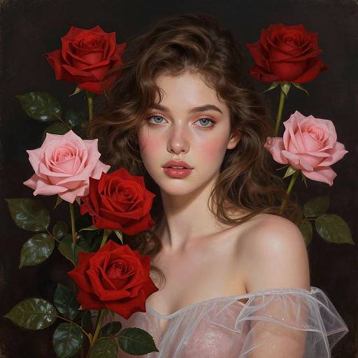 Digital painting of a fair-skinned woman with wavy brown hair, blue eyes, and pink lips, wearing a sheer white off-shoulder top