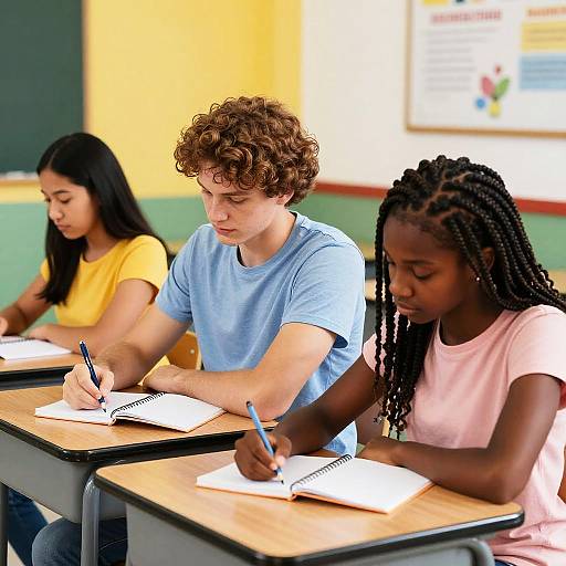 Three Students Writing in Vibrant Classroom