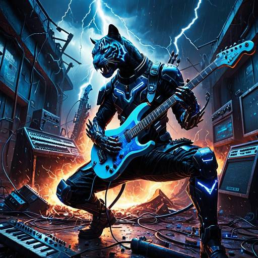 Futuristic Cyborg Panther Playing Electric Guitar
