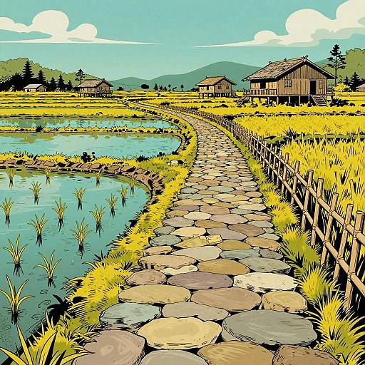 Vibrant digital illustration of a rural landscape with a stone pathway, rice paddies, wooden houses, and yellow grass under a bright blue sky with