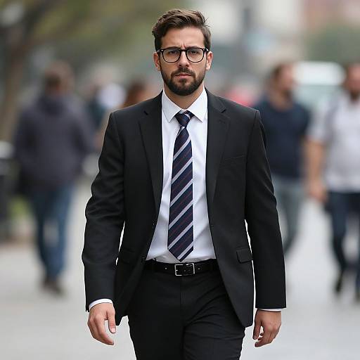 Photograph of a bearded man with dark hair, black-rimmed glasses, black suit, white shirt, and striped tie, walking confidently in