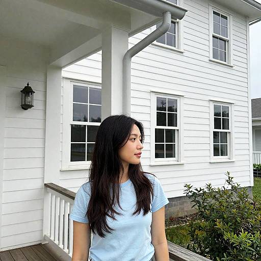 Young Woman on Porch in Light Blue