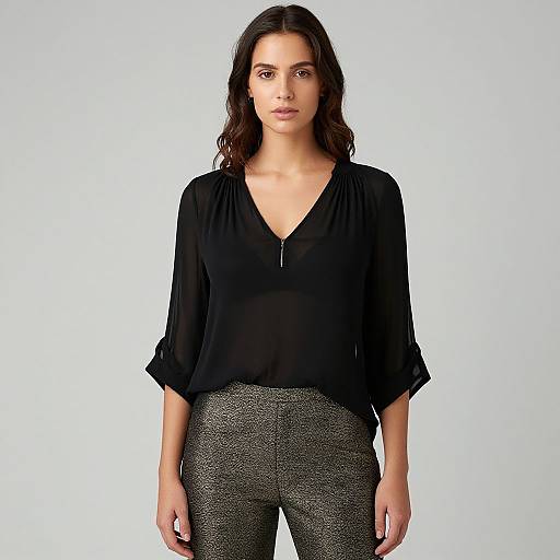Chic Woman in Semi-Sheer Blouse and Metallic Pants