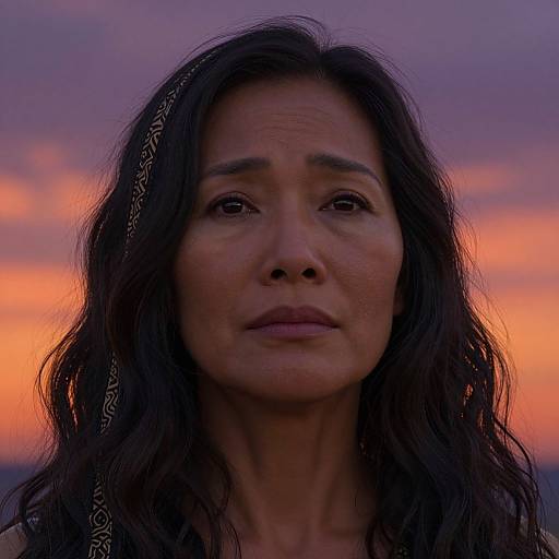 Photograph of a middle-aged woman with long, wavy black hair and a serious expression, set against a vibrant, purple-orange sunset sky.