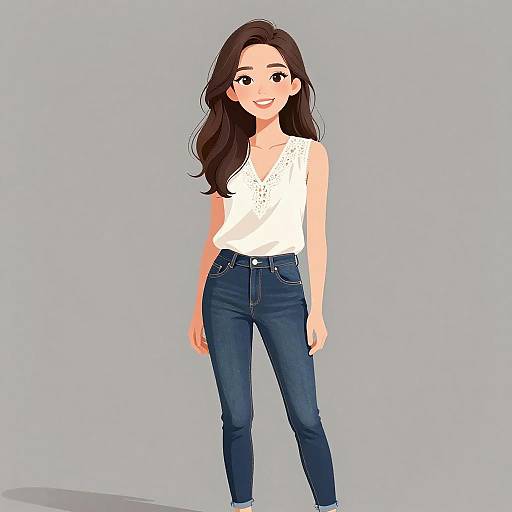 Digital illustration of a smiling woman with long dark brown hair, wearing a white sleeveless top and dark blue jeans, standing against a plain gray background.