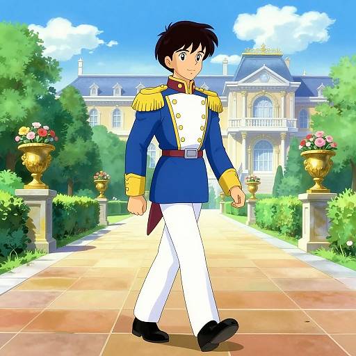 Anime-style drawing of a young man in a blue and white military uniform walking on a sunlit, flower-adorned garden path towards a grand,