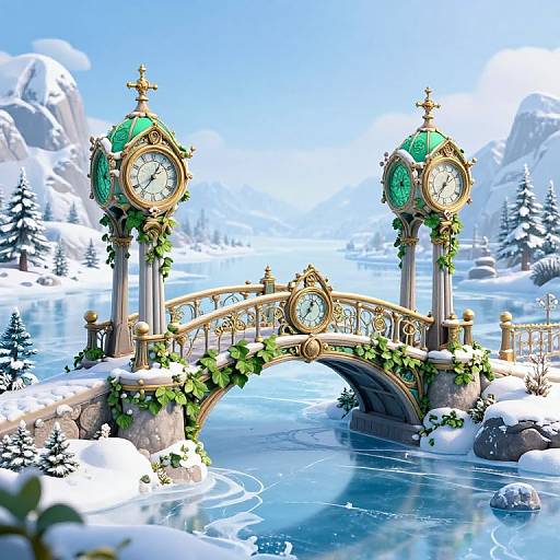 Digital art of a snow-covered, ornate bridge with two clock towers adorned with green vines, crossing a frozen river in a winter mountain landscape.