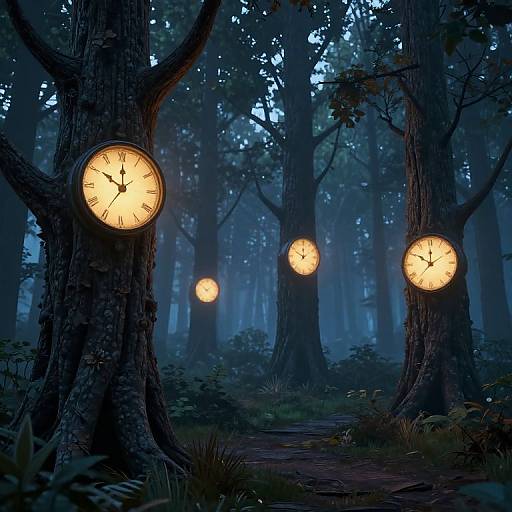 Photograph of a dark, misty forest at night with four glowing, vintage-style clock faces embedded in tall trees, illuminating the dense foliage and