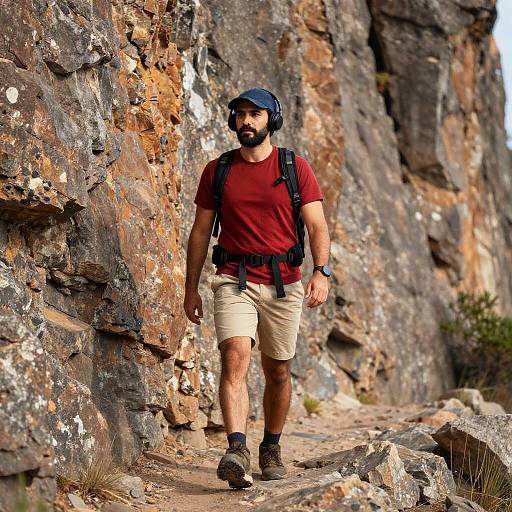 Hiker in Sunlit Rocky Landscape