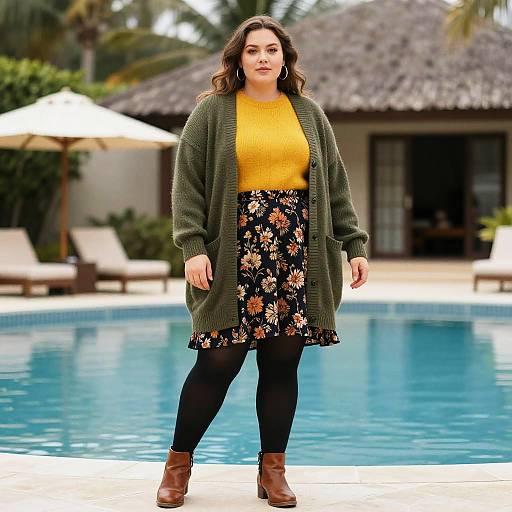 Photograph of a curvy woman with wavy brown hair, yellow top, green cardigan, black floral skirt, black leggings, brown boots,