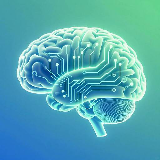 Digital illustration of a glowing, neon blue and green brain with intricate circuitry lines, set against a gradient blue-green background.