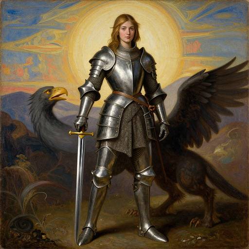 Painting of a young, blonde-haired woman in shining medieval armor, holding a sword, with a large black eagle beside her, against a glowing yellow