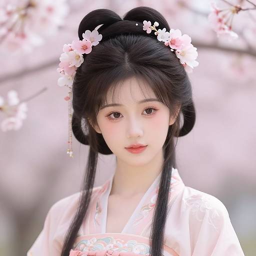 Photorealistic digital image of an East Asian woman with black hair in a traditional updo, adorned with pink flowers, wearing a white kimono,