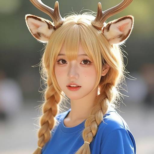 Photograph of an Asian woman with blonde hair, antler headband, and deer ears, wearing a blue shirt, with sunlight highlighting her face,