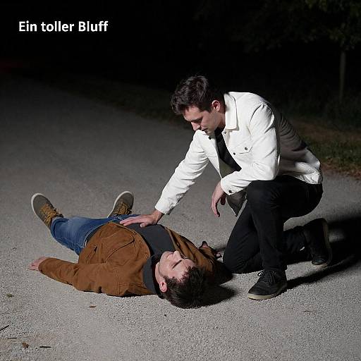 Two Men on Gravel Path at Night