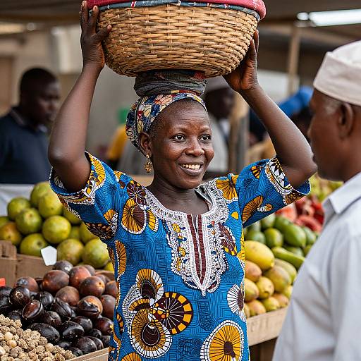 Photograph of a smiling African woman wearing a colorful blue dress and headscarf, holding a woven basket on her head at a vibrant market with fresh