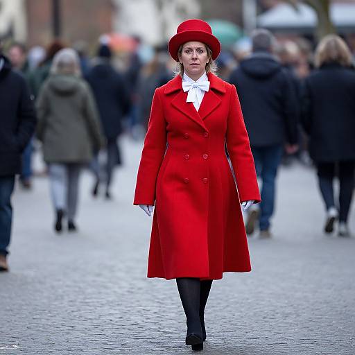 Photograph of a woman in a vibrant red coat, matching hat, white collar, black tights, and black shoes, walking confidently down a busy
