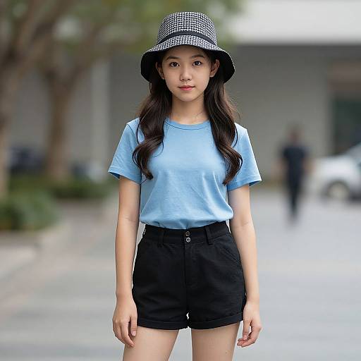 Photograph of an Asian woman with long black hair, wearing a blue t-shirt, black shorts, and a checkered bucket hat, standing on a