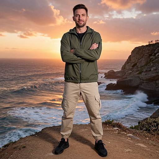 Photograph of a smiling man with short dark hair and beard, wearing a green jacket and beige cargo pants, standing with arms crossed on a cliffside
