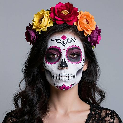 Photograph of a woman with white sugar skull face paint, dark eye makeup, and a flower crown of yellow, red, and orange flowers, wearing
