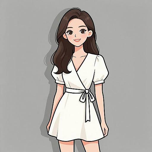 Digital anime-style drawing of a smiling woman with long dark brown hair, wearing a white, short-sleeved, V-neck dress with a tied waist