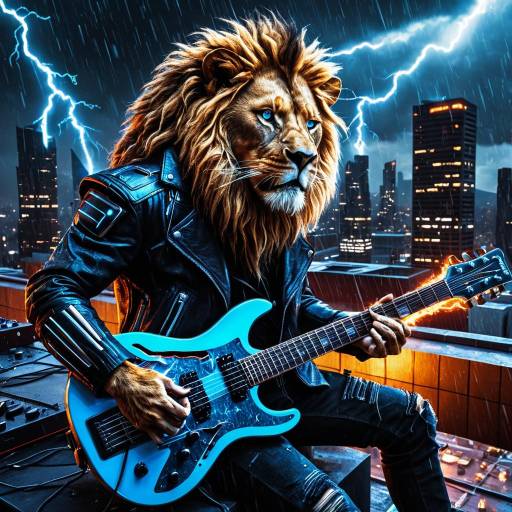 Cybernetic Lion Playing Electric Guitar on Futuristic Rooftop