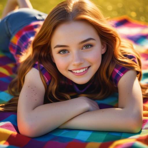 Joyful Teenage Girl on Colorful Picnic Blanket Joyful Teenage Girl on Colorful Picnic Blanket