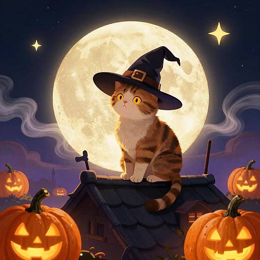 Whimsical Cat on Moonlit Rooftop